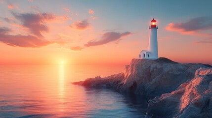 Lighthouse Sunset Seascape: A Serene Coastal Panorama