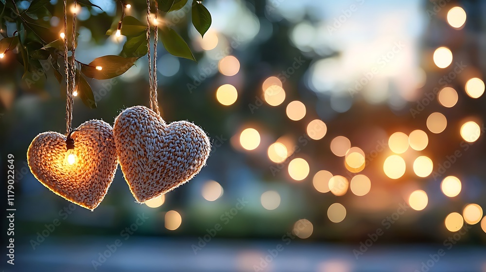 Poster enchanting heart shaped hanging ornaments glowing with warm twinkling lights against a natural backg