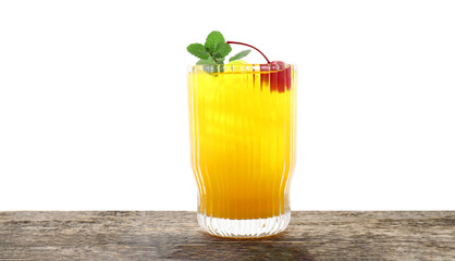 Tasty pineapple cocktail with mint and cherry in glass on wooden table against white background