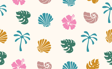 Seamless pattern in trendy Boho style. Naive Geometric Summer shape. Tropical simple paradise background. Hand Drawn Summer Beach. Bohemian Surf Club design. Isolated Vector illustration.