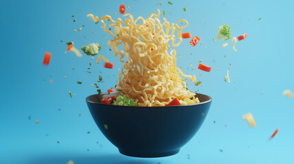 3D Cartoon-Style Ramen Bowl with Flying Noodles and Fresh Vegetables - Vibrant Explosion of Food Creativity