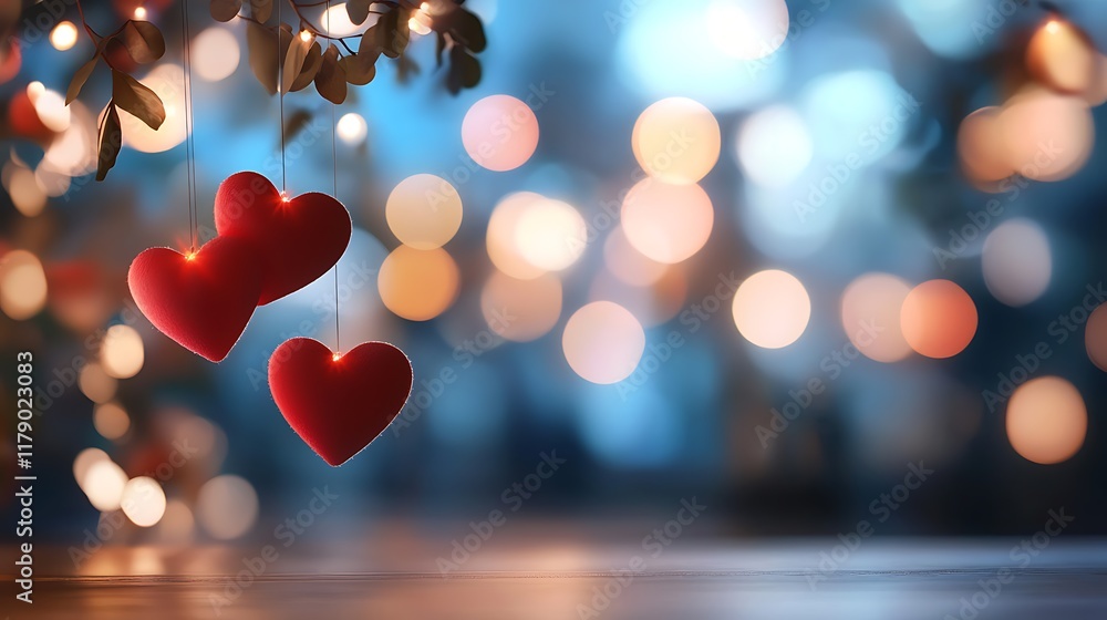 Poster glowing heart shaped bokeh lights shimmering softly against a blurred romantic background creating a