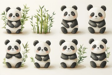 Cute panda figurines surrounded by bamboo, showcasing playful expressions and charm.