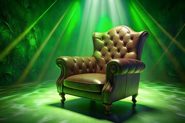 a comfortable armchair and a vibrant green background provides a welcoming and relaxing atmosphere