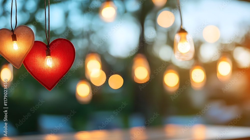Poster glowing heart shaped lanterns hanging in the air creating a warm cozy and celebratory atmosphere the