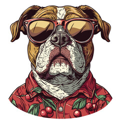 Fototapeta premium Bulldog with sunglasses and cherry shirt, serious expression.