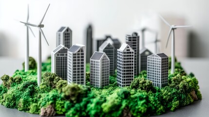 Scale model city with wind turbines, a vision of sustainable urban development
