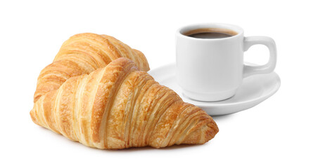 Tasty fresh croissants and cup of coffee isolated on white. Puff pastry