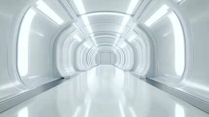 Futuristic white tunnel corridor with glowing lights, smooth surfaces, and reflective floor.