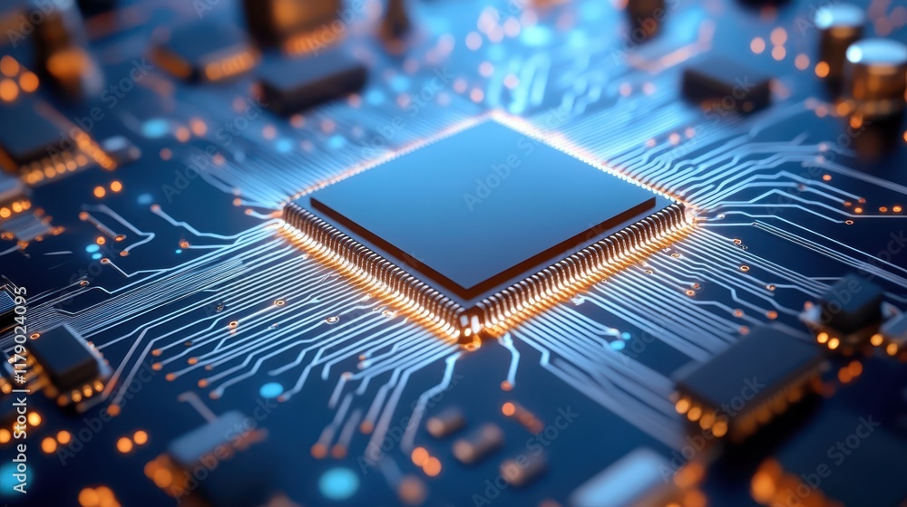 Poster intricate closeup of a processor chip on circuit board, exploring the complexities of modern computi