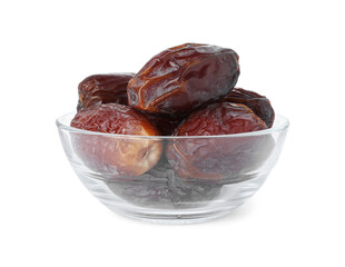 Tasty dried dates in bowl isolated on white