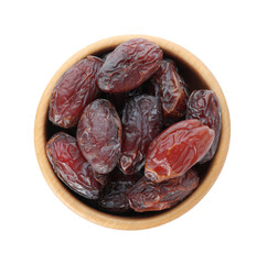 Tasty dried dates in bowl isolated on white, top view