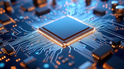 Intricate closeup of a processor chip on circuit board, exploring the complexities of modern computing hardware