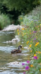 Duck Dipping Head in Stream Surrounded by Flowers