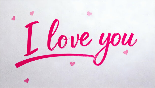 "I love you" in pink cursive on a white background with scattered pink heart patterns and a heart