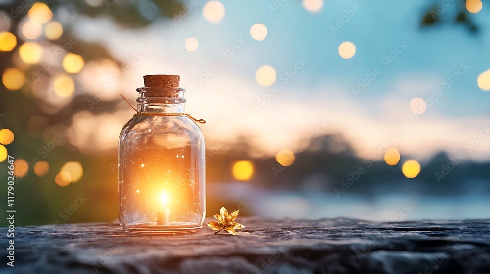 Poster glowing romantic message in a bottle with intricate golden floating on serene water under twilight s
