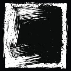 Dynamic black brushstroke on white background, framed in black.