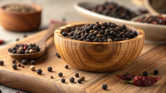 Wooden bowls of black peppercorns, rustic kitchen setting, warm lighting, macro photography, textured wood surface, spice photography, culinary still life, earthy tones, shallow depth of field, high d