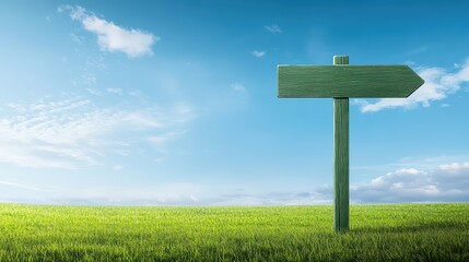 Rustic wooden sign in a tranquil grassy field under clear blue sky 