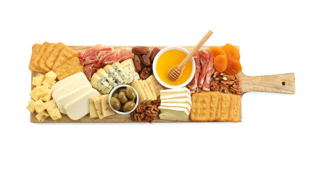 Different types of delicious cheese and other snacks isolated on white, top view