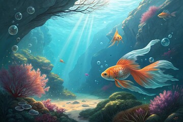Obraz premium Goldfish Red Comet Swimming In Aquarium.