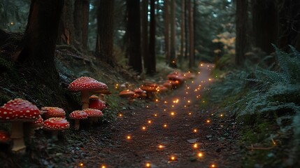 A magical forest path lined with mushrooms and glowing fireflies