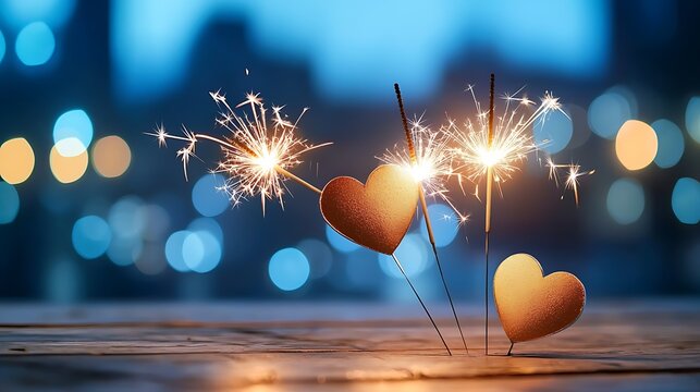 Heart shaped sparklers burning brightly casting a warm romantic glow in a dimly lit cozy setting  This captivating image evokes a sense of the magic of special moments