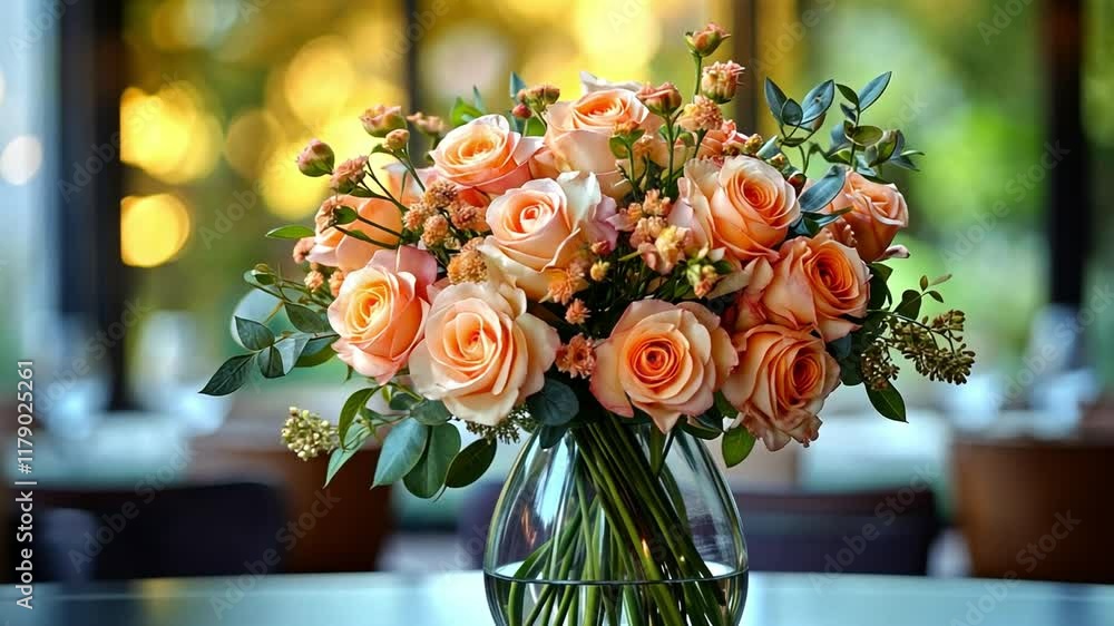 Aufkleber a stunning bouquet of peach roses arranged creatively in a clear vase sits on a table, surrounded by
