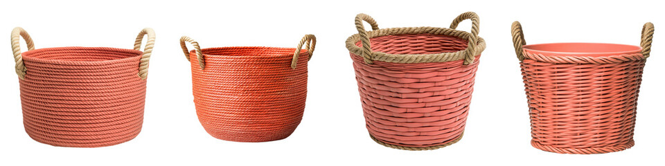Obraz premium Set of Handmade Woven Rattan Baskets with Rope Handles in Various Sizes and Colors for Home Decor Storage Organization Gardening Picnics and Other Everyday Uses
