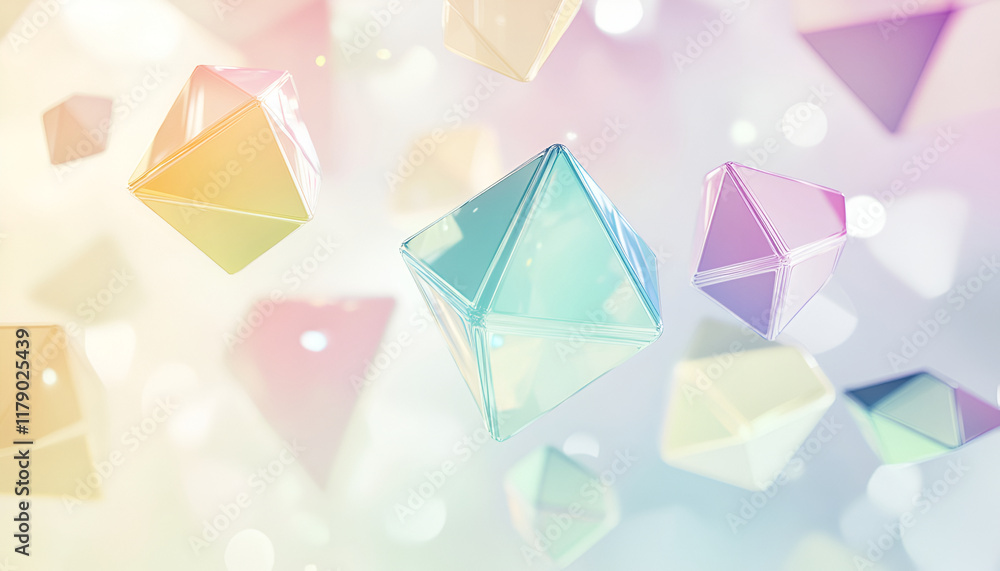 Poster abstract floating polygons in soft pastel colors, lightly reflecting ambient light, transparent over