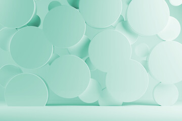 Mint green abstract stage mockup - flying plastic circles on soft shining background. Template 3D illustration gentle geometric scene for presentation cosmetic, goods, advertising, design, display.