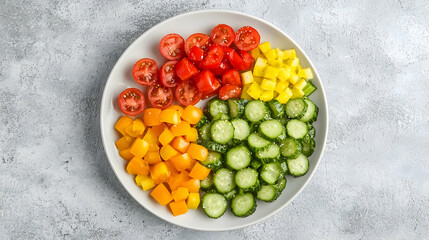 Colorful chopped vegetables on plate, kitchen counter background, healthy meal prep.