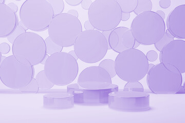 Light purple abstract stage mockup with three glossy mirror glass round podiums, flying circles decor. Template 3D illustration modern scene for presentation cosmetic products, goods, advertising.
