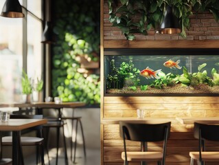 Fototapeta premium Stylish Cafe with Wooden Tables and Green Decor