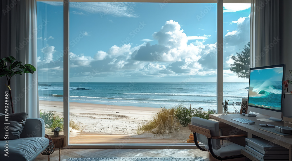 Poster an exclusive room with windows to ocean and beach with a office desk.