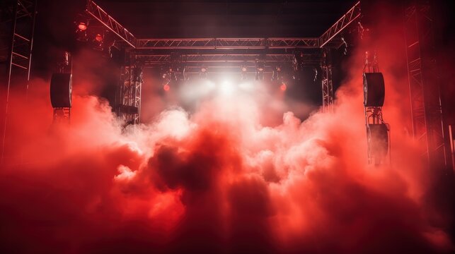 Dramatic red smoke fog fills a stage with vibrant lighting effects, creating an immersive atmosphere for performances and events