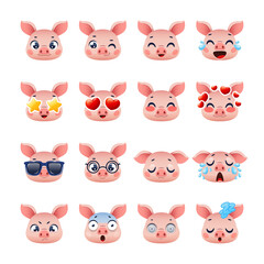 Pig faces emotions. Emoji heads, funny little pork, smiles, tears, anger, sleep, farm cute animals, different moods for messages, emotion expression cartoon flat isolated vector set