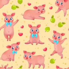 Funny farm piglets seamless pattern. Pink little porks having fun, playing, repeated cute animals, cartoon kids mascots. Decor textile, wrapping, wallpaper. Print for fabric, vector background