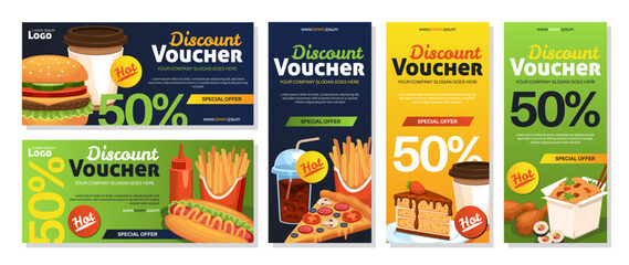 Discount coupons for street food. Fast food sale vouchers template, french fries, burgers, pizza and cake, junk meal, advertising banner design, cartoon flat isolated tidy vector set