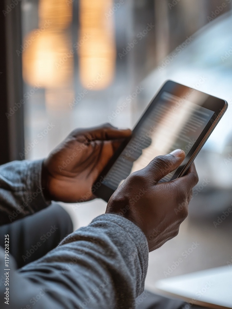Poster selective focus. close up of black man's hands holding digital tablet with reflective touchscreen su