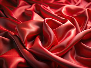 Obraz premium 3D-rendered red silk fabric, a closeup showcasing its crumpled texture and smooth folds, styled with a tilt-shift effect.
