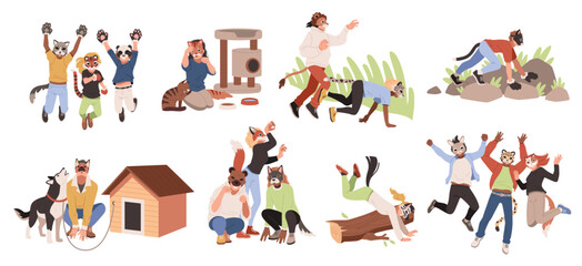 Cartoon quadrobbers characters. People imitate animals, behavior and habits, pets, wildlife cosplay, active outdoor games, happy friends playing, artistic expression, isolated tidy vector set