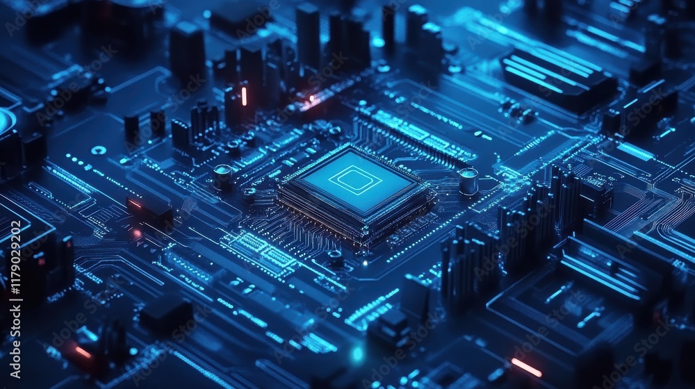 Poster blue digital technology background with mechanical elements and circuit board