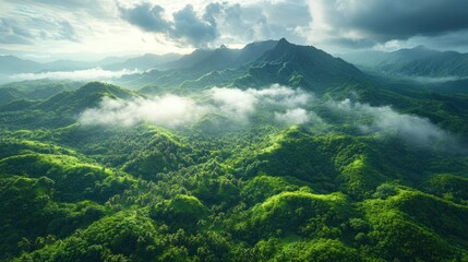 Obraz premium Lush green mountains and valleys under a cloudy sky, capturing serene nature's beauty.