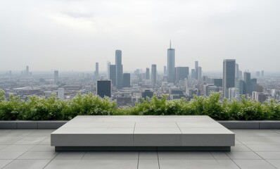 Urban skyline view from rooftop garden