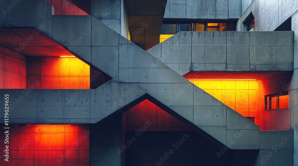 Poster abstract concrete architecture with illuminated staircases.