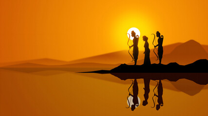 Silhouette of Lord Ram, Sita, and Lakshmana Standing on a Riverbank at Sunset.