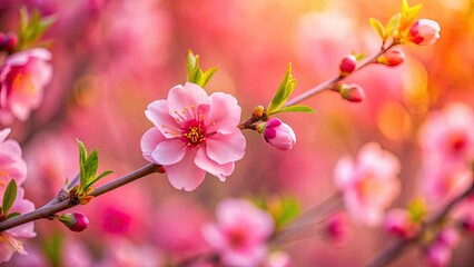 A close-up reveals a soft pink bloom's intricate details, spring's orange and pink flowers blurred softly.