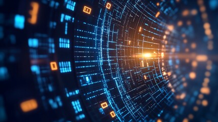 Obraz premium Abstract digital tunnel with glowing lines and binary code.
