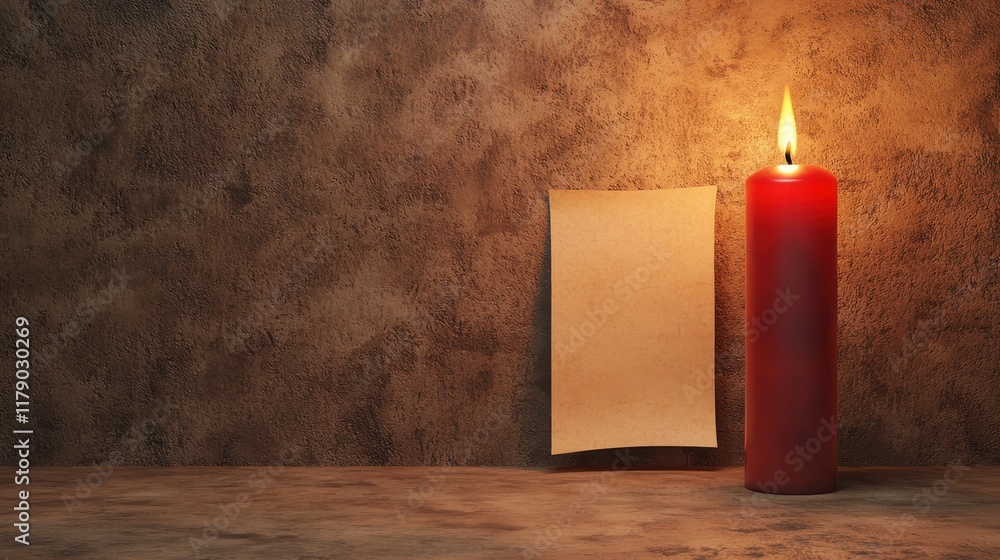 Poster a red candle illuminates a blank piece of paper against a textured backdrop, creating a warm and inv